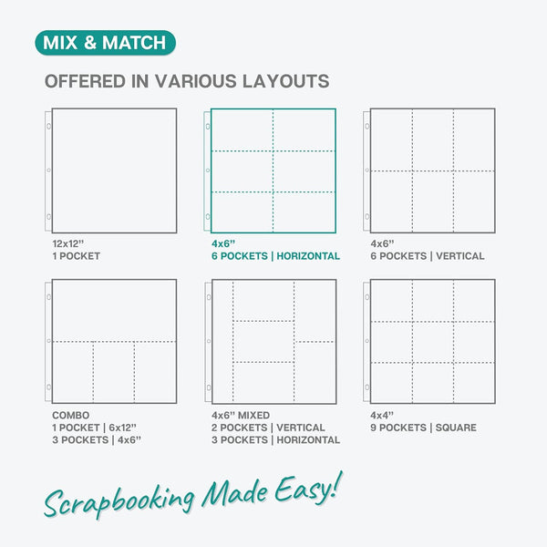 Dunwell 12x12 Scrapbook Page Protectors, 4x6 Photo Album Refill Pages, 100-Pack (13.1" x 12.7"), Fits 12x12 3-Ring & D-Ring Scrapbook Albums,