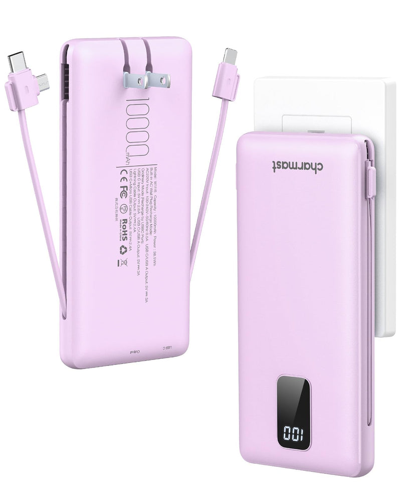 charmast Portable Charger with Built-in Cables & Wall Plug, 10000mAh Portable Power Bank, External Battery Pack Travel Essentials Compatible with