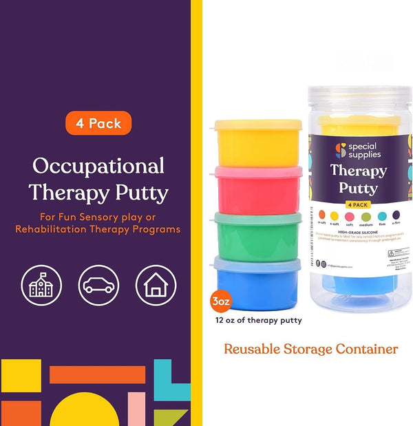 Special Supplies Therapy Putty for Teens and Adults - Resistive Hand Exercise Stress Relief Therapy Putty Kit, Set of 4 Strengths, Three Ounces of