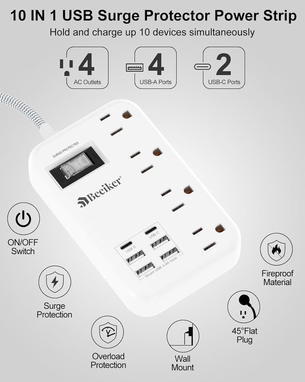 6 USB Travel Power Strip,4 Outlets,5Ft Extension Cord,Surge Protector,13A | 2 USB C,6 USB Charging Station,5Ft Braided Extension Cord,Surge