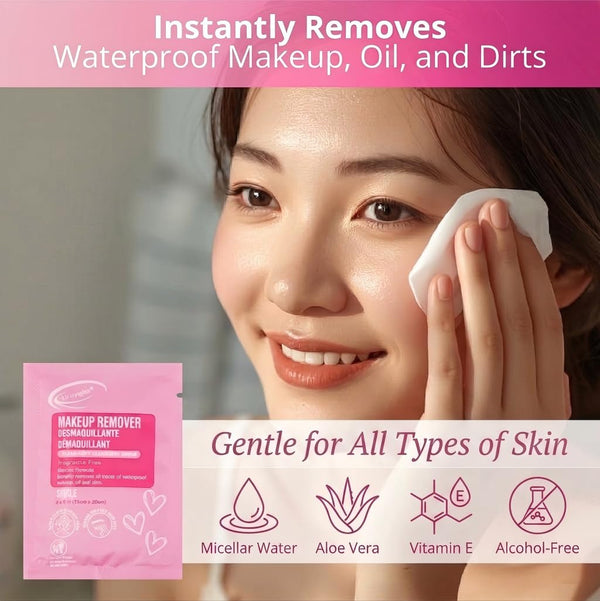 Air Jungles Pink Micellar Makeup Remover Wipes 25 Ct, Individually Wrapped | Travel Size Facial Cleansing Wipes With Vitamin E, Gentle For