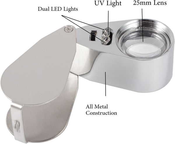 40X Full Metal Illuminated Jewelry Loop Magnifier, XYK Pocket Folding Magnifying Glass Jewelers Eye Loupe with LED(LED Currency Detecting/Jewelry