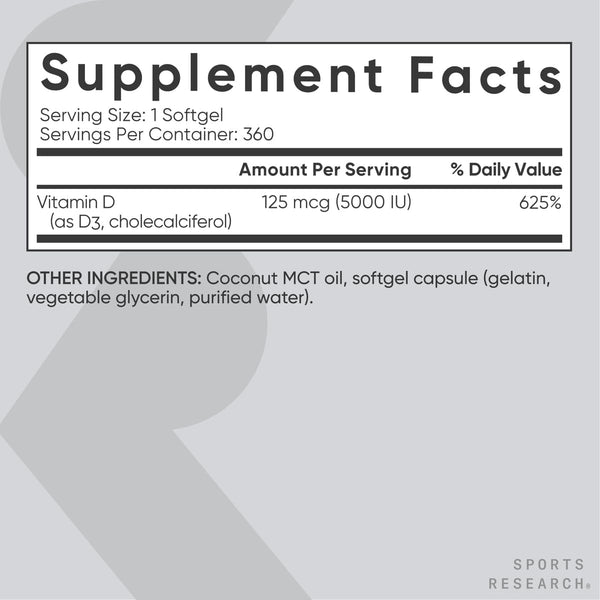 Sports Research Vitamin D3 5000Iu (125Mcg) with Coconut Oil ~ High Potency Vitamin D for Immune & Bone Support ~ Non-Gmo Verified, Gluten & Soy