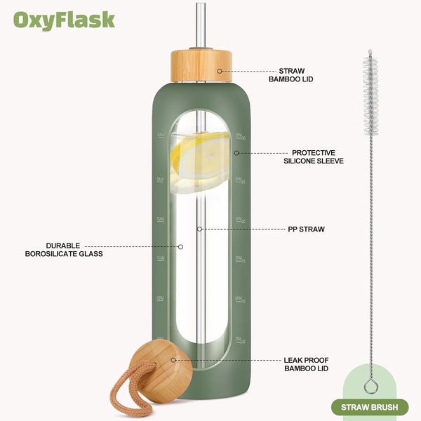 Glass Water Bottles 32 Oz - Motivational Drinking Glass Water Bottle with Silicone Sleeve, Straw & 2 Bamboo Lids - 1 Liter Clear Borosilicate