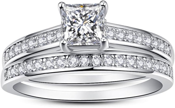 AVECON 1.35ct Princess Cut Engagement Ring 925 Sterling Silver Wedding Band Set for Women Cubic Zirconia Bridal Sets Size 5-10 Silver 8