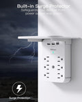 Wall Outlet Extender with Surge Protector, 6 AC Outlets, with Shelf 3 USB White