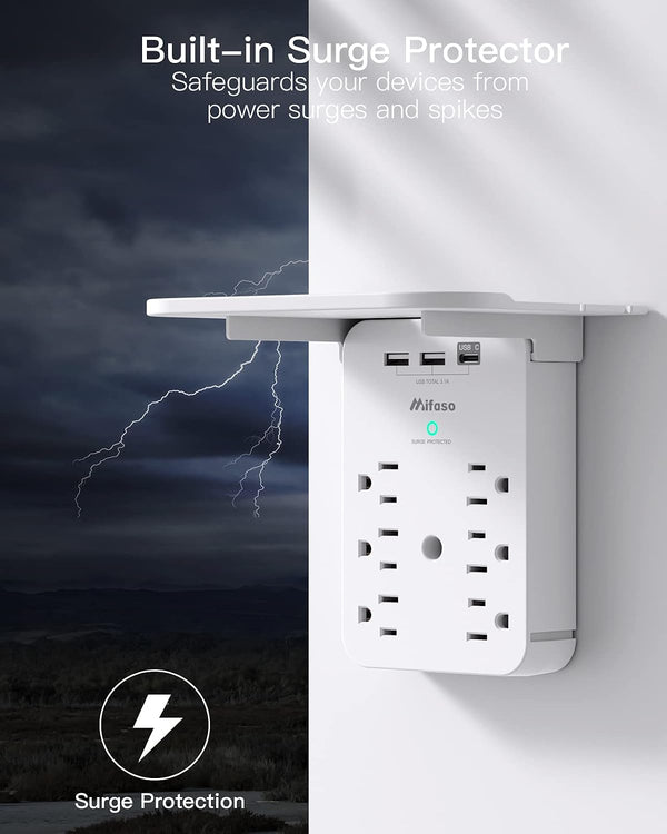 Wall Outlet Extender with Surge Protector, 6 AC Outlets, with Shelf 3 USB White