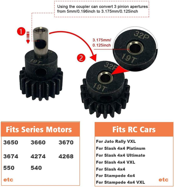 Globact 54T 0.8 32 Pitch Metal Steel 3956 Spur Gear with 15T/17T/19T Pinions Gear Set for Traxxas Slash 4x4 4WD/2WD VXL Rally VXL Stampede 4x4