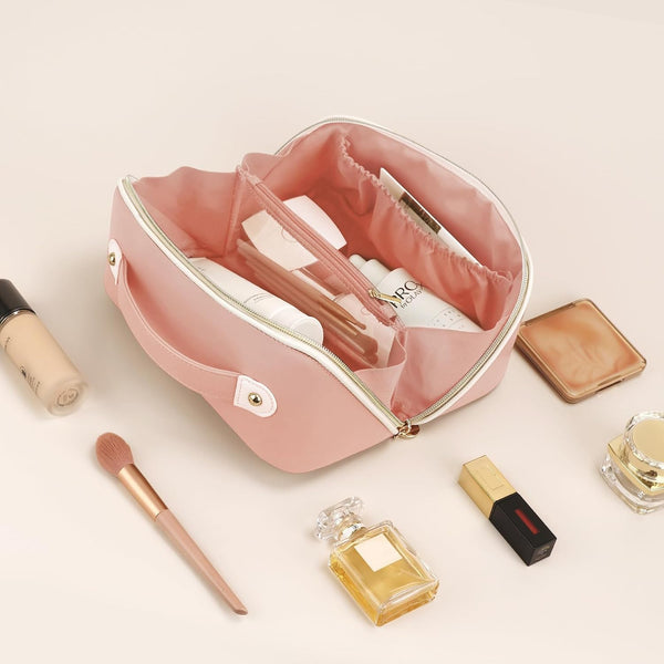 Prite Makeup Bag for Women Travel Waterproof Vegan Leather Cosmetic Bag Open Flat Toiletry Bag with Clear Divider and Handle (Large Pink)