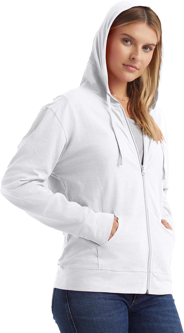 Hanes Women's Lightweight Full Zip Hoodie, Textured Cotton Zip Up, T-Shirt Hoodie Small White