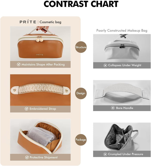Prite Makeup Bag Travel Toiletry Bag Open Flat Cosmetic Organizer for Women New Brown Medium