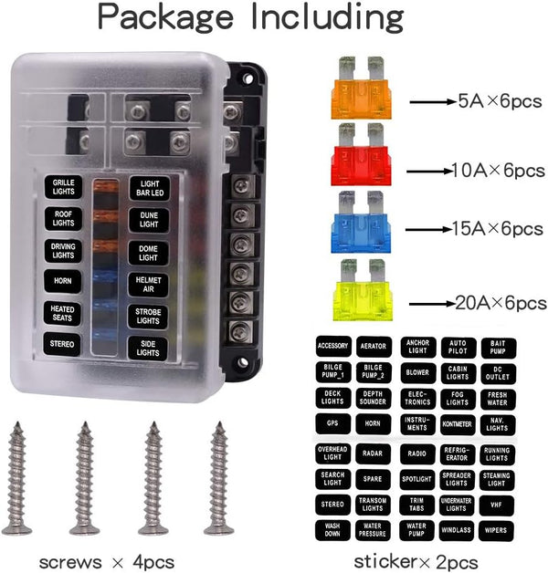WUPP Boat Marine Fuse Block Panel with LED Warning Indicator Damp-Proof Cover - 12 Circuits with Negative Bus Fuse Box Holder Screw for Car Marine