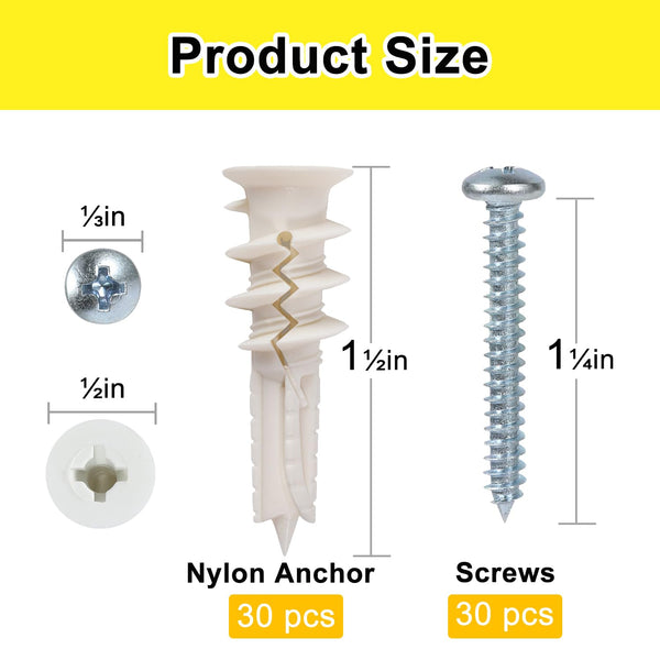 60 Pcs #8 Self Drilling Drywall Anchors,Dry Wall Anchors and Screws Kit, 30 Pcs Nylon Sheetrock Anchors and 30 Pcs #8 X 1-1/4'' Drywall Screw, No