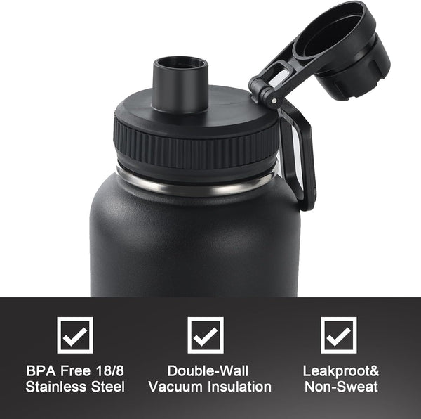 Navigate 32oz Insulated Water Bottle for Sports, Keep Cold 24H Black 32 Ounces