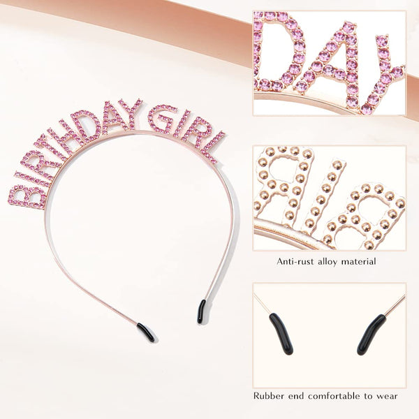 PQRUU Glitter Birthday Sash, Tiara and Rhinestone Headband Set - Pink Birthday Accessories for Her Pink Glitter