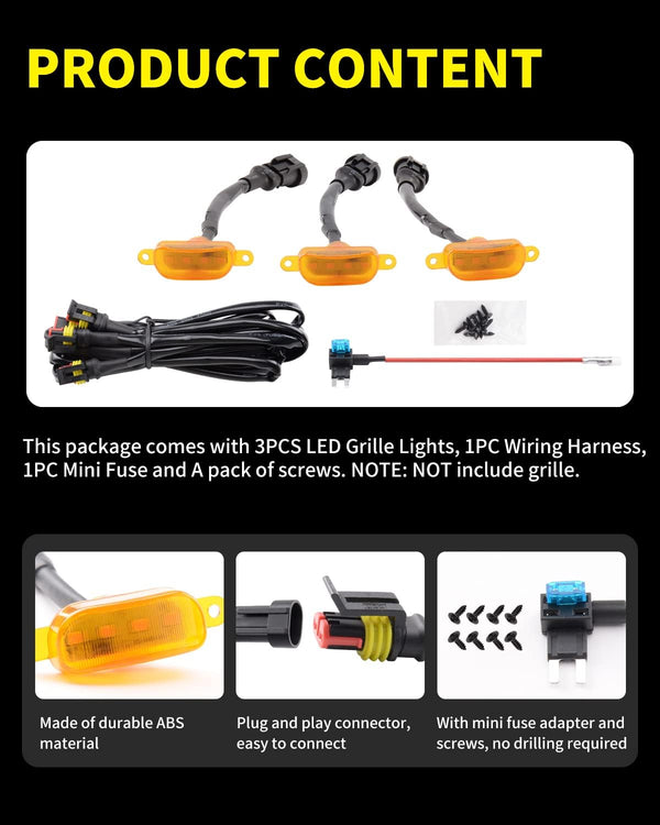 Amber LED Lights 3PCS Front Grille Raptor Lamps Car Accessories with Harness and Fuse, Compatible with 2004-2019 For-d F150 & 2013-2018 Ram 1500