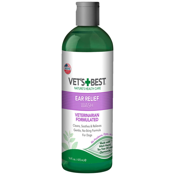 Vet's Best Dog Ear Relief Wash, No-Alcohol, Wax Control, No-Sting, 16 oz | Alcohol-Free Ear Cleanser, Helps Remove Wax & Debris, Controls Odors &