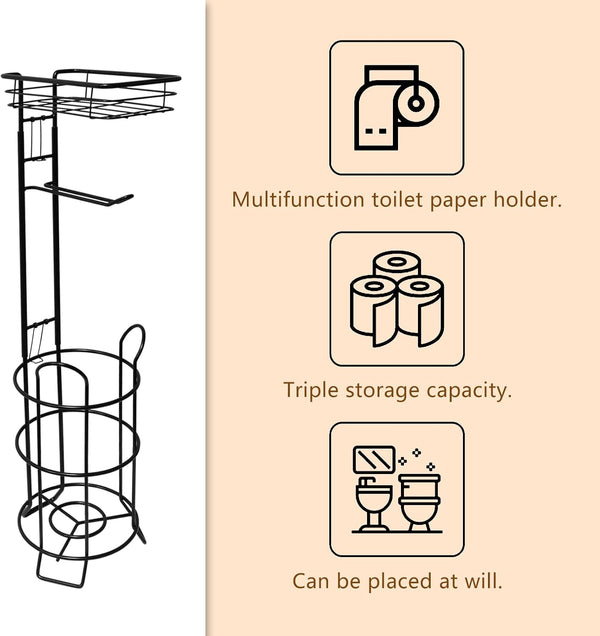 Toilet Paper Holder Stand Bathroom Toilet Paper Storage with Raised Base, Tissue Paper Roll Dispenser with Top Shelf (Black)