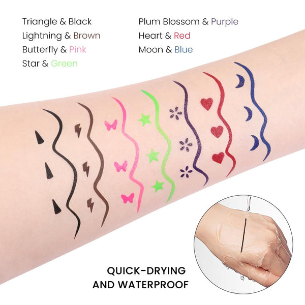Evpct 7Pcs Colored Liquid Eye Liners Face Stamp Cosplay Gothic Makeup Set Kit for Beginners, Black Brown Purple Blue Red Pink Green Star Flowers
