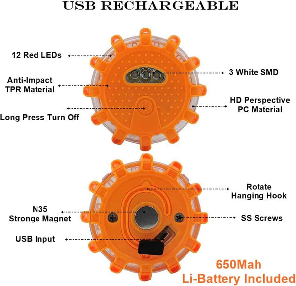 Ecoangel USB Rechargeable LED Road Flares Emergency Lights-Roadside Warning Car Safety Beacon Flashing Disc Flare Kit with Magnetic Base for