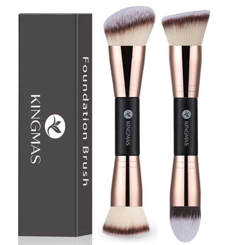 KINGMAS Foundation Makeup Brushes, 2Pcs Premium Double-Ended Makeup Brush (Flat/Angled/Angled Round/Tapered Top) for Buffing Liquid, Cream,