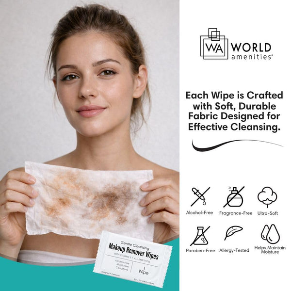World Amenities - Makeup Remover Wipes - Alcohol Free - Vitamin E Face Wipes for Sensitive Skin Comfort - Individually Wrapped - Travel Friendly