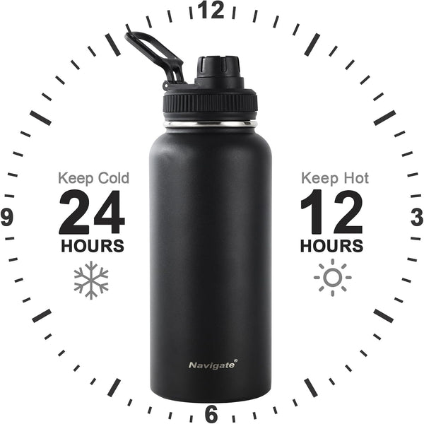 Navigate 32oz Insulated Water Bottle for Sports, Keep Cold 24H Black 32 Ounces