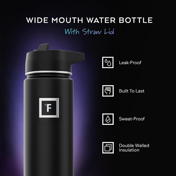 IRON °FLASK 24 oz Wide Mouth Water Bottle with Straw | Insulated Stainless Steel Sports Water Bottle with Leakproof Straw Lid - BPA Free, Cold 24