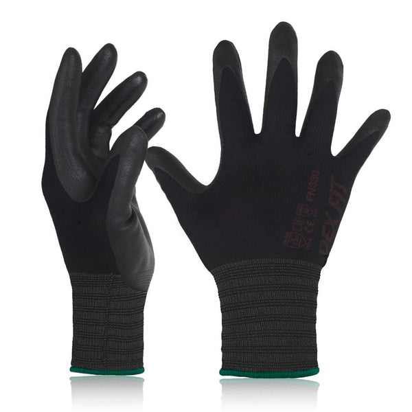 DEX FIT Nitrile Work Gloves FN330, 3 Pairs, 3D-Comfort Stretchy Fit, Firm Grip, Thin & Lightweight, Touch-Screen Compatible, Durable, Breathable &