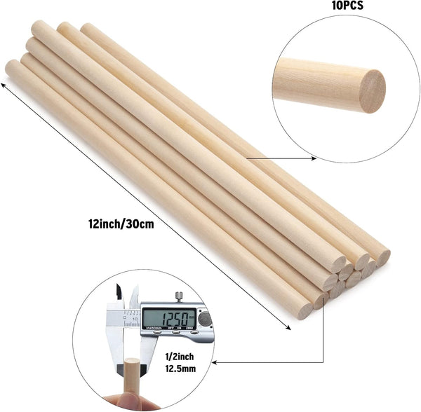 Wooden Dowel Rods Wood Dowels, 10PCS 1/2 x 12 Round Wooden Sticks for Crafts, Macrame Dowels, Unfinished Hardwood Sticks for Crafting, Arts and