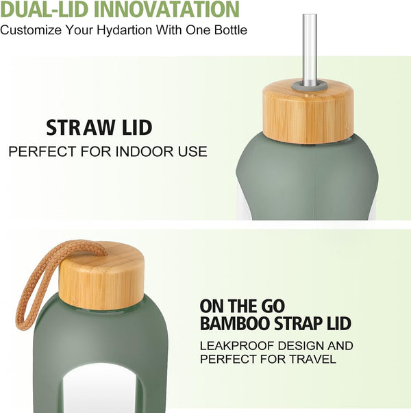 Glass Water Bottles 32 Oz - Motivational Drinking Glass Water Bottle with Silicone Sleeve, Straw & 2 Bamboo Lids - 1 Liter Clear Borosilicate