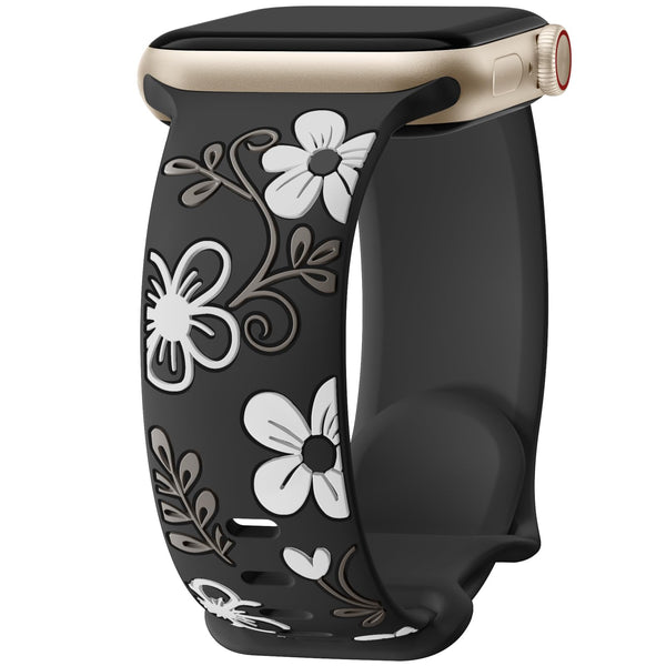 Witzon Floral Band Compatible with Apple Watch Bands For Women 40mm 41mm 38mm 42mm 44mm 45mm 46mm 49mm, Engraved Cute Flower Silicone Dressy Strap