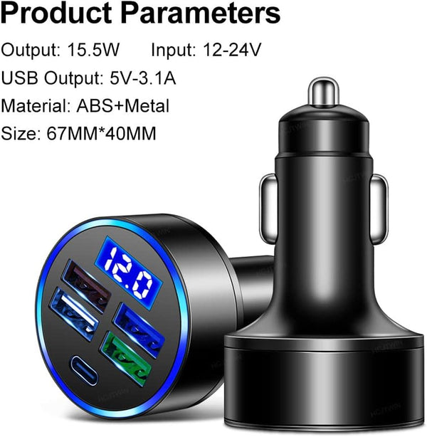 5 Port USB Car Charger(4USB+Type C) Compact Fast Charger Cigarette Lighter Adapter with LED&Voltage Monitor, Compatible with iPhone 14/Pro