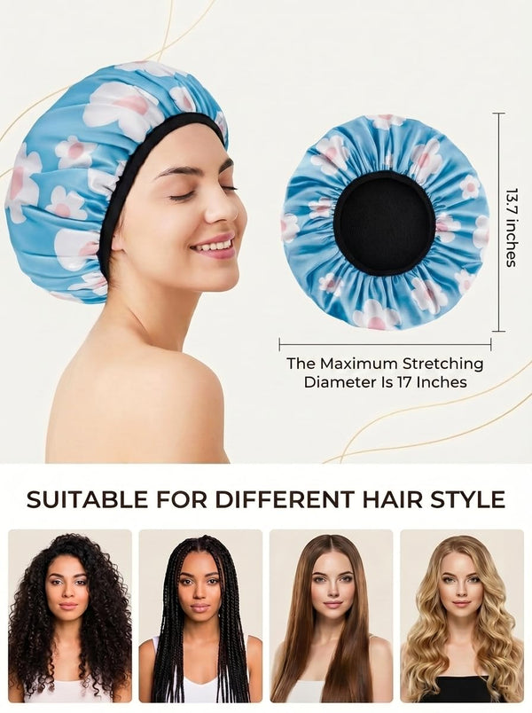 Aquior Shower Cap,Extra Large Triple Layer Bathing Cap with Dry Hair Function for Women Microfiber Terry Cloth Silky Satin 100% Waterproof