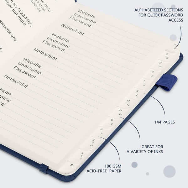 JUBTIC Password Keeper Book with Alphabetical Tabs. Medium Size Password Book for Seniors, Internet Website Address Log in Detail. Hardcover
