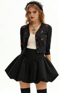 Belle Poque Women's 3/4 Sleeve V-Neck Button Down Cherries Embroidery Cropped Cardigan Sweater Coat Black X-Large