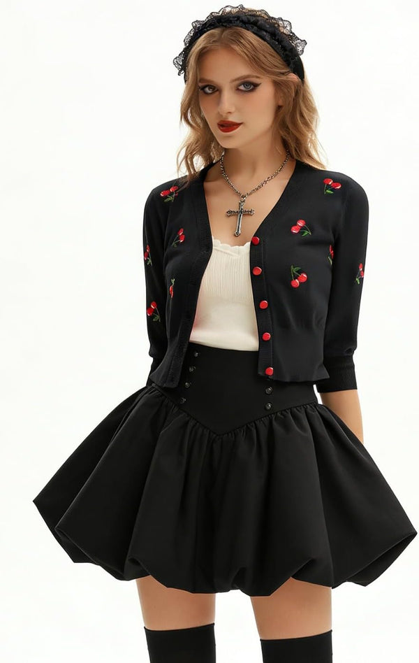 Belle Poque Women's 3/4 Sleeve V-Neck Button Down Cherries Embroidery Cropped Cardigan Sweater Coat Black X-Large