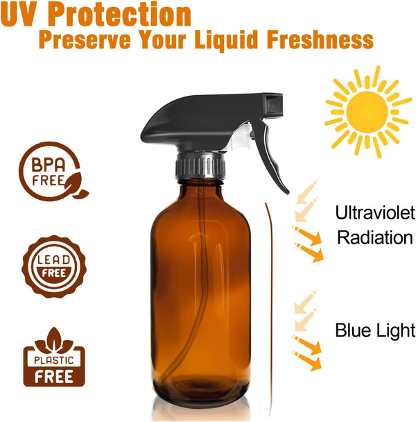 LANBEAUTIFY 8oz Amber Glass Spray Bottles - 2 Pack Empty Refillable Bottles for Cleaning, Hair Care, Essential Oils, Plants - Includes Durable