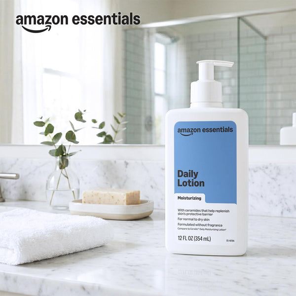Amazon Essentials Daily Moisturizing Lotion for Face and Body, Fragrance Free, with Ceramides, 12 fl oz, 1-Pack 12 Fl Oz (Pack of 1)