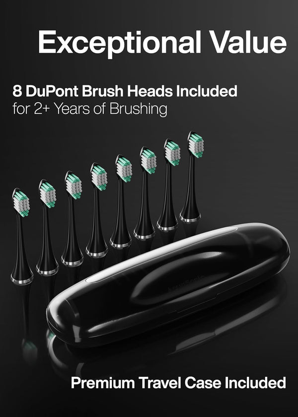 Aquasonic Black Series Ultra Whitening Toothbrush â ADA Accepted Electric Toothbrush- 8 Brush Heads & Travel Case â 40,000 VPM Electric Motor &