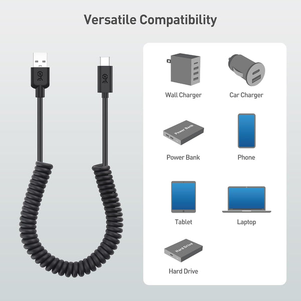 Cable Matters 2-Pack USB to USB C Coiled Cable, 3A/15W, 1-4ft | Supports Apple CarPlay and Android Auto, for iPhone 17/16, Galaxy S23, iPad,