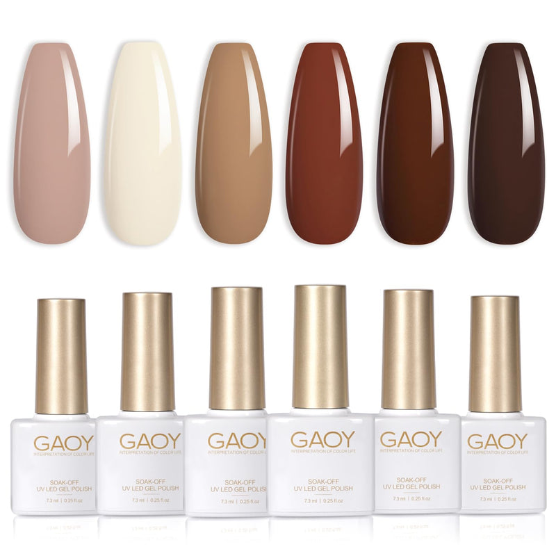 GAOY Nude Brown Fall Gel Nail Polish Set, 6 Colors White Beige Dark Tan Taupe Soak Off UV Light Cure Gel Polish Kit for Salon and Nail Art DIY at