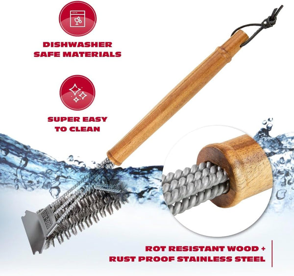 BBQ-AID All Angles BBQ Grill Brush for Outdoor Grill Ã¢ÂÂ Cleans All Angles, Large Wooden Handle, and Stainless Steel Bristles - BBQ Brush for Grill