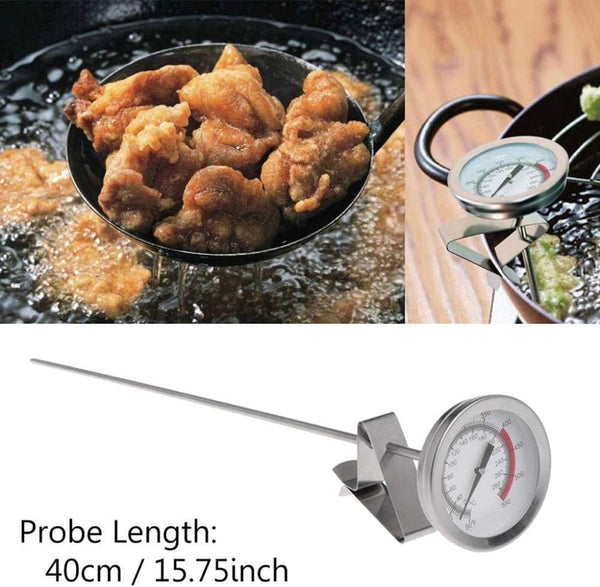Deep Fryer/Candy/Turkey Thermometer with Clip&15 inch stem - Professional Kitchen Pot Fryer,Stainless Steel Fry Oil Thermometer for Frying,Candy