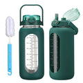 chunmo 64oz Glass Water Bolttles with Straw Half Gallon Large Motivational Water Bottle with Time Marker Sports Water Bottles with Silicone Sleeve