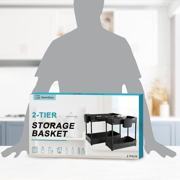 Sevenblue 2 Pack Under Sink Organizer, Under Bathroom Cabinet Organizer with Hooks Hanging Cup, Multi-Purpose Storage Shelf for Kitchen Bathroom,