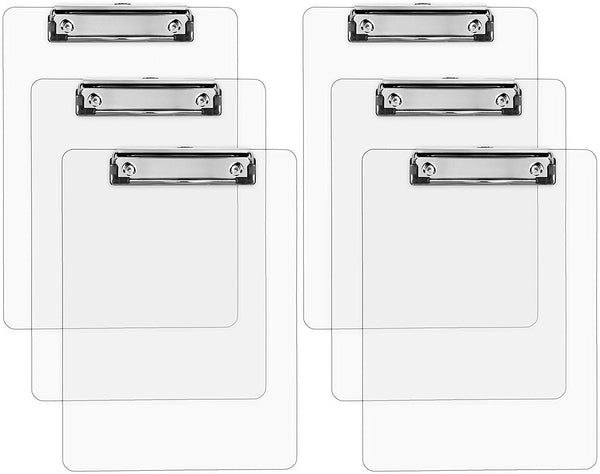 Plastic Clipboards (Set of 6) Transparent Clipboard (Clear) Strong 12.5 X 9 Inch | Holds 100 Sheets! Acrylic Clipboards with Low Profile Clip |