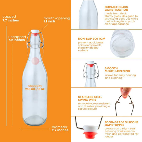 FastRack Swing Top Glass Bottles |8.5 oz – Pack of 8 | Clear, Flip Top Glass Bottles for Home Brewing, Carbonated Drinks, Kombucha, Fermentation,