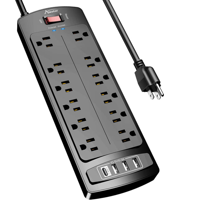 ALESTOR 6 Ft Surge Protector Power Strip with 12 Outlets and 4 USB Ports 6 Ft Bl
