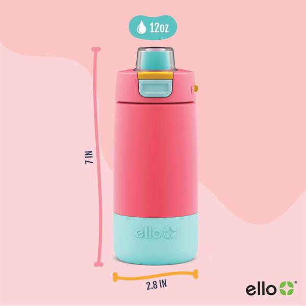 Ello Kids Colby 12oz Stainless Steel Insulated Water Bottle with Straw and Built-In Silicone Coaster Carrying Handle and Leak-Proof Locking Lid